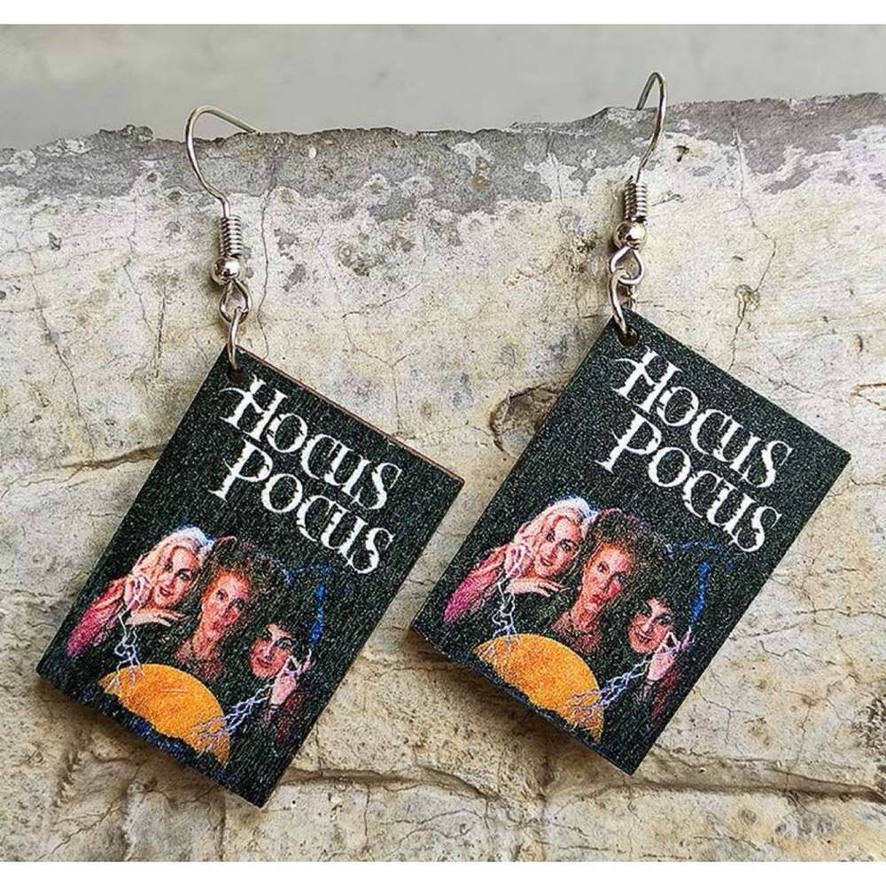 Hocus Pocus themed wooden book cover dangle earrings